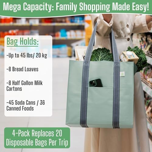 VENO 4 Pack Large Grocery Bag Reusable Shopping Bags with Hard Bottom