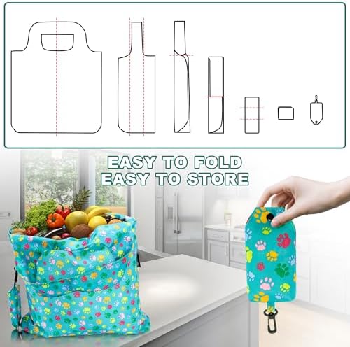 HOLYLUCK Reusable Grocery Bags,Heavy Duty Foldable Shopping Tote Bag (Standard, 3 Green Dog Paw Prints)