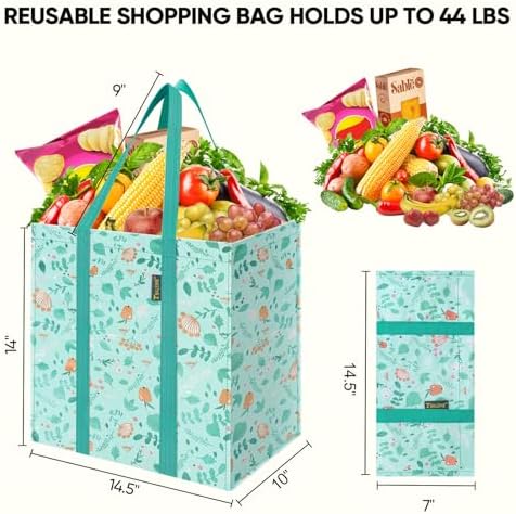 BALEINE 4 PK Grocery Bags Reusable Shopping Bags with Reinforced Bottom, Heavy Duty Foldable Tote Bags (Spring Stroll)