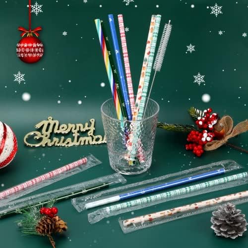 JANYUN 40 Pieces Christmas Straws, BPA-Free 9" Printing Hard Platic Xmas Reusable Drinking Straws for Family or Party Favors Supplies Cleaning Brush Included
