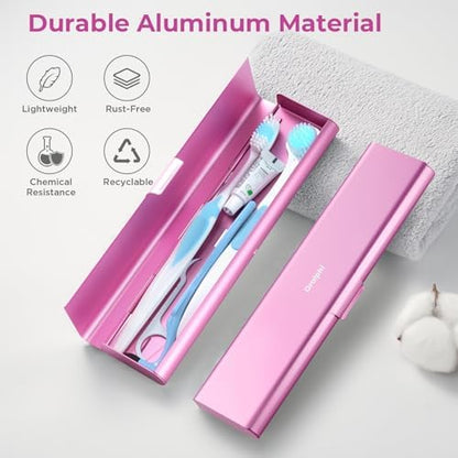 Wider Aluminum Toothbrush Travel Case, Portable Travel Toothbrush Holder, Durable Manual Toothbrush Box Container for Traveling, Bathroom, Camping, Business Trip, Pink