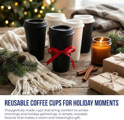 Rolling Sands USA Made 16 oz Reusable Coffee Cups with Lids 6 Pk, To Go Travel Cups, Hot or Cold Drinks, Dishwasher and Microwave Safe, White Cups, Black Lids