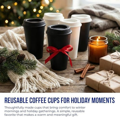 Rolling Sands USA Made 16 oz Reusable Coffee Cups with Lids 6 Pk, To Go Travel Cups, Hot or Cold Drinks, Dishwasher and Microwave Safe, White Cups, Black Lids
