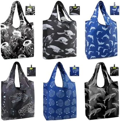 BeeGreen Reusable Shopping Bags Cute Grocery Bag 6 Pack, Reusable Gift Bags Heavy-Duty Foldable Shopping Totes for Supermarket, Work & Travel, Large Washable Polyester Tote Bag with Handles