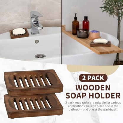 2 Pack Wooden Soap Holder - Integrated Self Draining Soap Dish for Shower with Slotted, Sturdy Wooden Soap Tray for Sink, Bathtub and Kitchen
