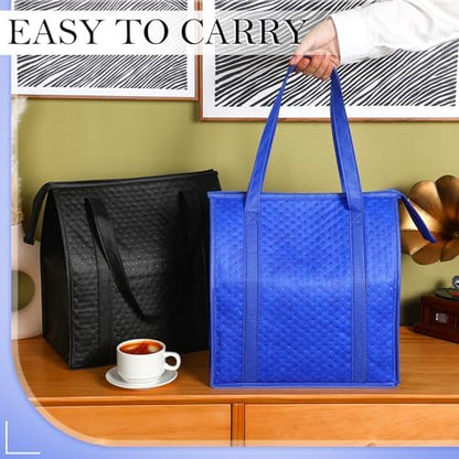 10 Pack 10 Pack Large Insulated Grocery Bag Zippered, Blue and Black