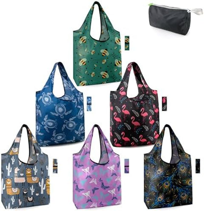BeeGreen Animals Reusable Grocery Bags Bees Turtles Flamingo Peacock Alpaca Butterfly Lovers Gifts Shopping Bags Bulk 50LBS X-Large Foldable-Heavy Duty
