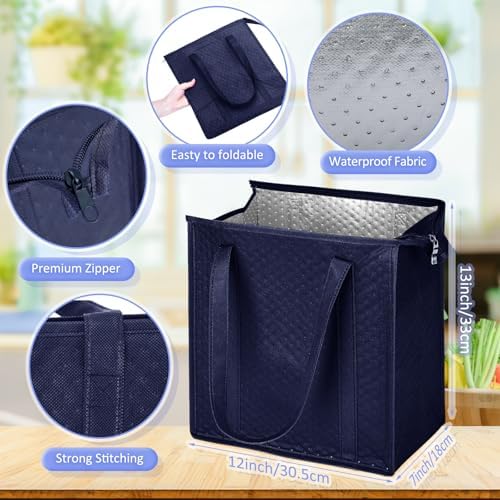 10 Pack 10 Pack Large Insulated Grocery Bag Zippered, Navy Blue
