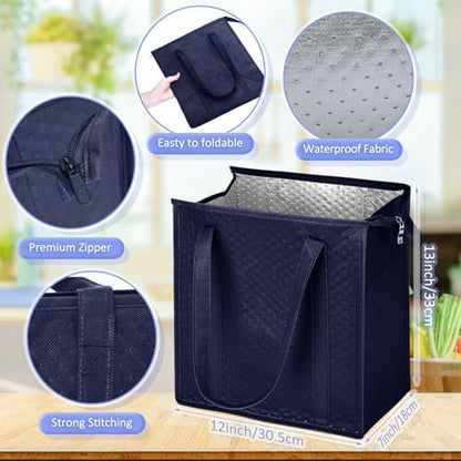10 Pack 10 Pack Large Insulated Grocery Bag Zippered, Navy Blue