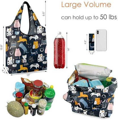 BeeGreen 6 Pack Cats Reusable Grocery Bags Gifts for Cat Lovers with Elastic Band Reusable Shopping Bags Bulk 50LBS X-Large Foldable-Machine Washable-Heavy Duty
