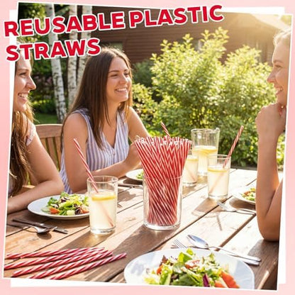 Honeydak 100 Pcs Reusable Plastic Straws Bulk,Red and White Stripe