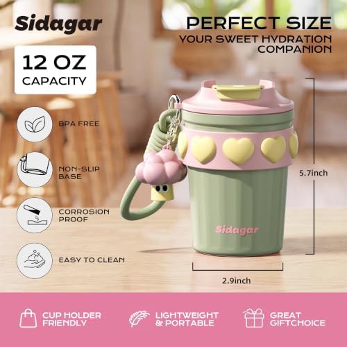 12 oz Insulated Coffee Tumbler with Lid, Cute Travel Mug, Green
