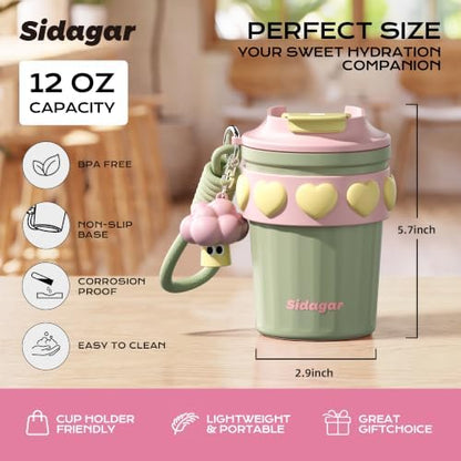 12 oz Insulated Coffee Tumbler with Lid, Cute Travel Mug, Green