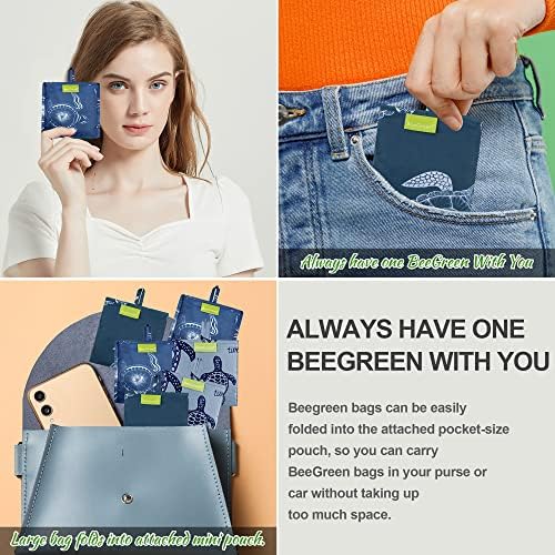 BeeGreen Sea Turtle Reusable Grocery Bags Large Tote Bag With Handles, Bulk Gift Foldable Shopping Bags for Women 6 Pack, Cute Cloth Bag, Heavy Duty, Washable For Beach, Holiday, Travel And Groceries