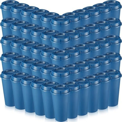 Honeydak 66 Pack 16 oz Reusable Coffee Cups with Lids Water Bottle Iced Coffee Travel Mug Portable Plastic Tea Tumblers Bulk for Hot and Cold Drinks Birthdays Party (Dark Blue,Classic)