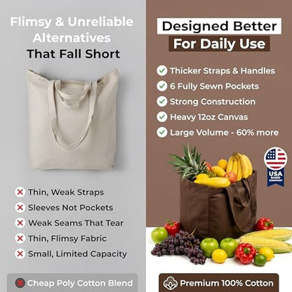 VeraMia Canvas Grocery Bag 3pc XL Set with Real Pockets, Long Shoulder Strap and Short Handle. Heavy Duty, Foldable, Washable