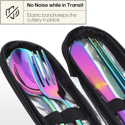 Travel Utensils with Case, Quatish Portable Silverware Set for Work, Stainless Steel Reusable Travel Cutlery Set, Fork and Spoon Set for Camping, Picnic, Gadgets, Lunch Box for Men, Rainbow