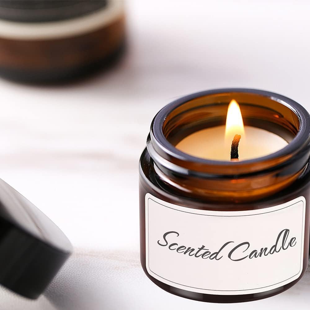 2 oz Round Amber Glass Jars, Bumobum 70 pack Cream Jars with Black Lids, Black and White Labels & Inner Liners, Empty Cosmetic Containers for Cream, Lotion