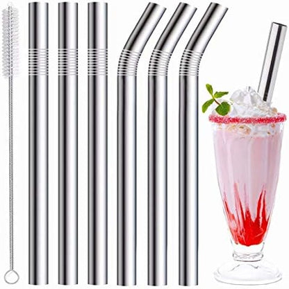 Vinaco 6 Pack 0.4" Wide Bore Reusable Stainless Steel Metal Smoothie Straws