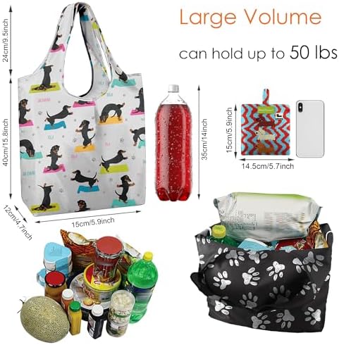 BeeGreen Dog Reusable Shopping Bags Cute Grocery Bag 6 Pack, Christmas Gift Bags Heavy-Duty Foldable Shopping Totes for Supermarket, Work & Travel, Large Washable Polyester Tote Bag with Handles