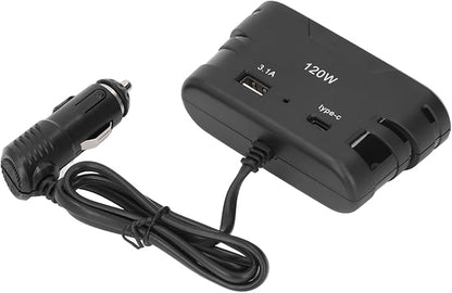 Pilipane Cigarette Lighter Plug Splitter Adapter 1 to 3 Multi Port Power Plug Car Charger with USB and Type C 12V 24V 120W for Car Refrigerators Cameras Mobile Phones ABS Material