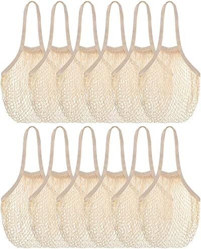 Eccliy 12Pcs Reusable Cotton Mesh Grocery Bag with Handle, Beige, 10 in