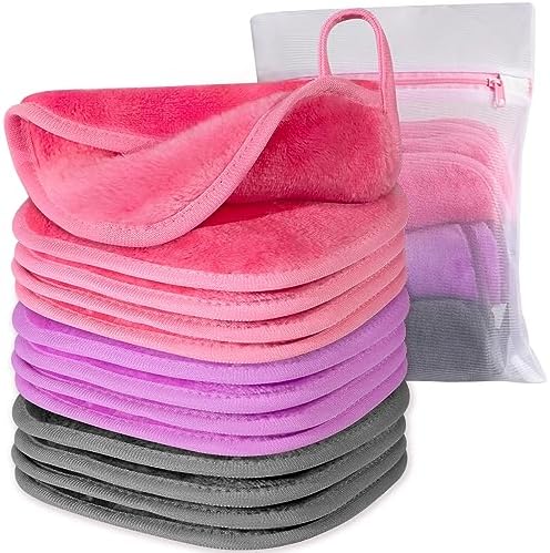 Makeup Remover Cloth, 6" x 6" Make Up Towels Reusable Face Cloth for Washing Face, 12 Pack Makeup Remover Pads Microfiber Face Washcloth with Mesh Bag, Just Water, Grey/Purple/Pink