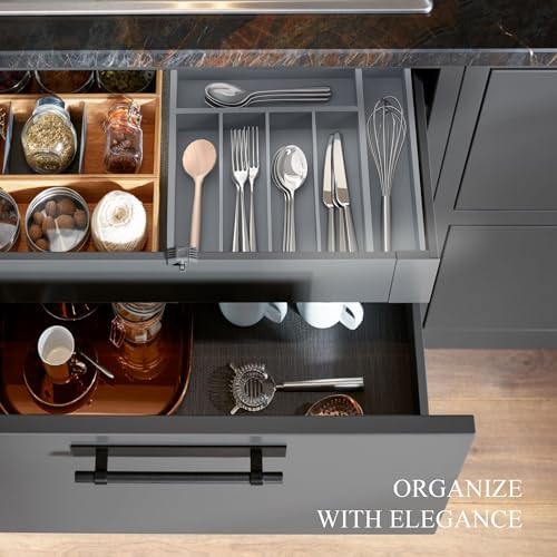 Bamboo Silverware Organizer, Kitchen Drawer Organizer, Utensil Holder, Cutlery Tray & Spoon Flatware Storage with Grooved Drawer Dividers (Grey, 12.5''W x 16.5''D)