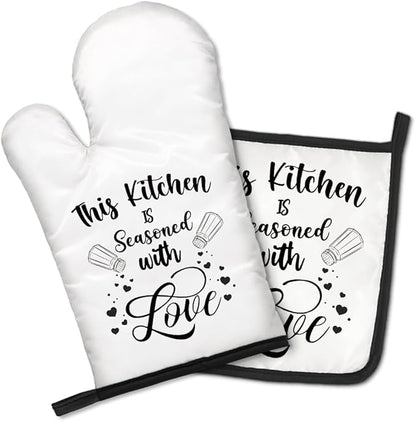 This Kitchen is Seasoned with Love Funny Oven Mitts and Pot Holders Set, Kitchen Baking Grill Microwave Gadgets, Sweet Housewarming Gifts, Birthday Gifts for Women, Men, Hostess, BBF