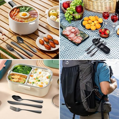 Travel Utensils with Case, 4-Piece Stainless Steel Portable Cutlery Set, Reinforced Case with Buckle Design, Lunch Box for Camping Work School, Include Fork Spoon Knife, Dishwasher Safe, Black