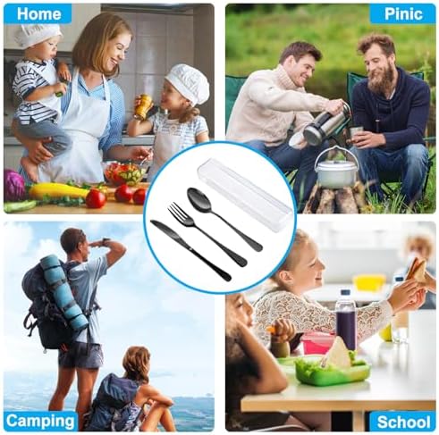 4PCS Premium Travel Utensils With Case, Stainless Steel Reusable Portable Utensils Set With Case, Lengnoyp Travel Silverware Set With Case for Lunch Box Includ Fork Spoon Knife Set, Black