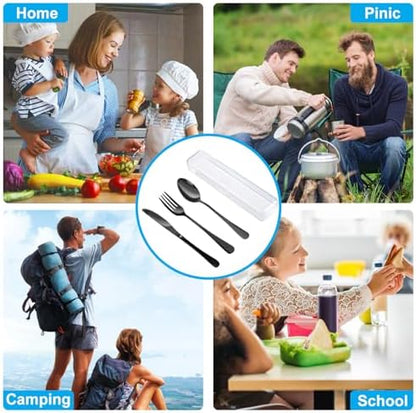 4PCS Premium Travel Utensils With Case, Stainless Steel Reusable Portable Utensils Set With Case, Lengnoyp Travel Silverware Set With Case for Lunch Box Includ Fork Spoon Knife Set, Black
