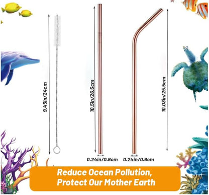 VEHHE Rose Gold Metal Straws, Stainless Reusable Straws Set with Brush