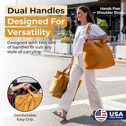 VeraMia Canvas Grocery Bag 3pc XL Set with Real Pockets, Long Shoulder Strap and Short Handle. Heavy Duty, Foldable, Washable