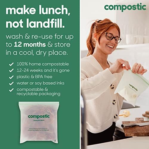 Compostic Compostable Gallon Bags (60 Count) Starter Pack — Resealable Zip-Seal, Plant-Based, Home Compostable, Freezer Safe, BPA-Free, Non-Toxic, GMO-Free Food Storage Bags (Pack of 2)