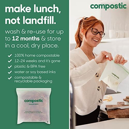 Compostic Compostable Gallon Bags (60 Count) Starter Pack — Resealable Zip-Seal, Plant-Based, Home Compostable, Freezer Safe, BPA-Free, Non-Toxic, GMO-Free Food Storage Bags (Pack of 2)