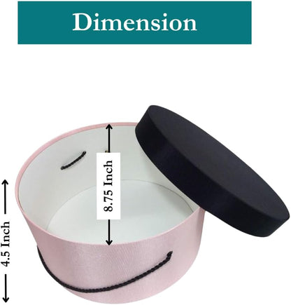 Sarah's Hat Boxes Classic Pink/Black Hat Box – 8.75" x 4.5" (Dia. x Ht.) Handmade in USA – Odorless Non-Toxic Adhesive, Cording Handle – Premium Storage for Hats & Accessories