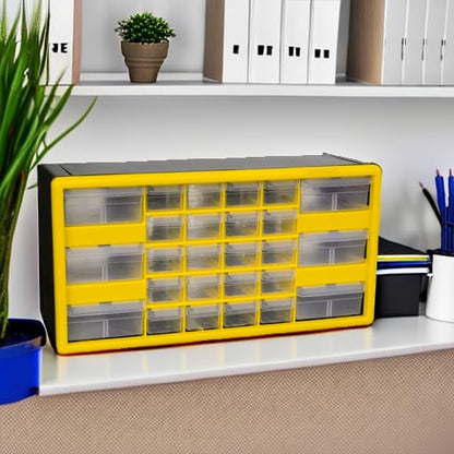 Akro-Mils 26-Drawer Plastic Drawer Storage Cabinet for Garage Organization, Bead Organizer, Building Bricks Storage, Teacher Toolbox, Makeup Organizer, 20" W x 6" D x 10" H, 10126 Yellow