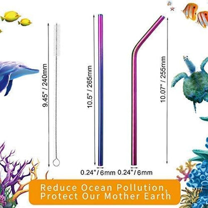 VEHHE Rainbow Metal Straws, Stainless Steel Reusable Straws Set with Brush