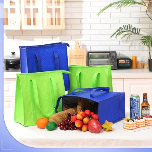 10 Pack 10 Pack Large Insulated Grocery Bag Zippered, Green, Blue