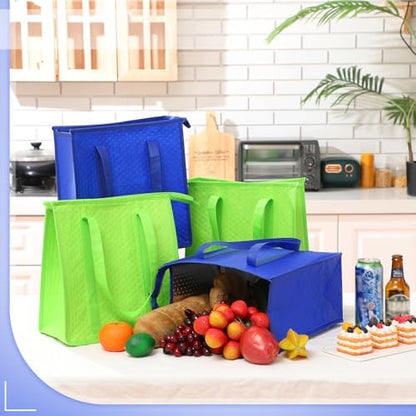 10 Pack 10 Pack Large Insulated Grocery Bag Zippered, Green, Blue
