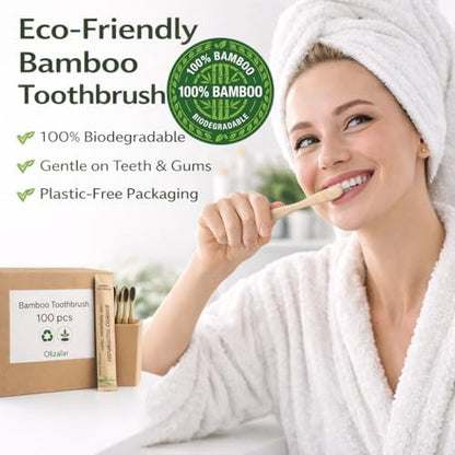100 Pack Bamboo Toothbrush for Adults, Medium Soft Charcoal Bristles, Eco Friendly Wooden Natural Toothbrushes, Biodegradable Handle Oral Care Toothbrush