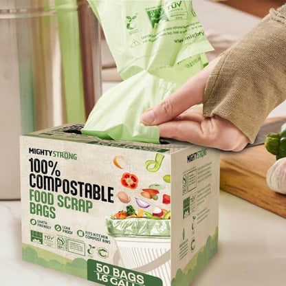 Compost Bags with Handles - 50 Pieces 1.6 Gallon/6 Liter Compostable Trash Bags, Small Trash Bags, Certified By BPI And OK Compost, Food Scrap Waste Bags