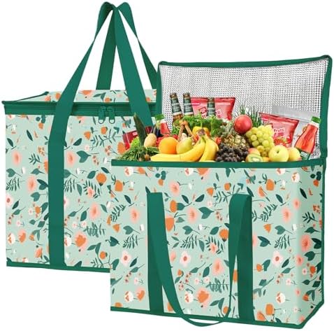 musbus 2-Pack extra Insulated Grocery shopping bag, large Green leaf, kitchen foldable reusable bags groceries,Sturdy zipper,Collapsible,tote,cooler,for transport women,Durable carrier
