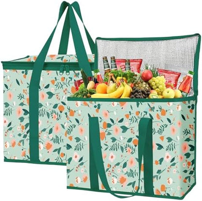 musbus 2-Pack extra Insulated Grocery shopping bag, large Green leaf, kitchen foldable reusable bags groceries,Sturdy zipper,Collapsible,tote,cooler,for transport women,Durable carrier