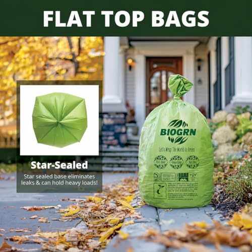 60-64 Gallon Compostable Trash Bags, 12 Count, 2 Mil Heavy Duty Flat Top Large Trash Bags, 243L Lawn & Yard Waste Bags for Outdoor Garden Cleanup, ASTM D6400 BPI & OK Compost HOME Certified