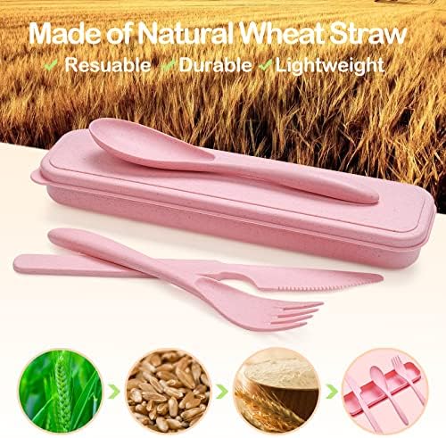 YDYTOP Reusable Travel Utensils Set with Case, 12 Sets Wheat Straw Portable Knife Fork Spoons Cutlery, Eco-Friendly BPA Free Plastic Tableware for Kids Adults School Lunch Party Picnic and Camping