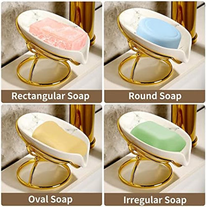 Dobbyby Leaf-Shaped Ceramic Soap Dish with Drain, Holder, Saver, Tray, Bar Soap Holder, Easy Cleaning, for Shower Bathroom Kitchen Sink Bathtub, Pro-Environment White