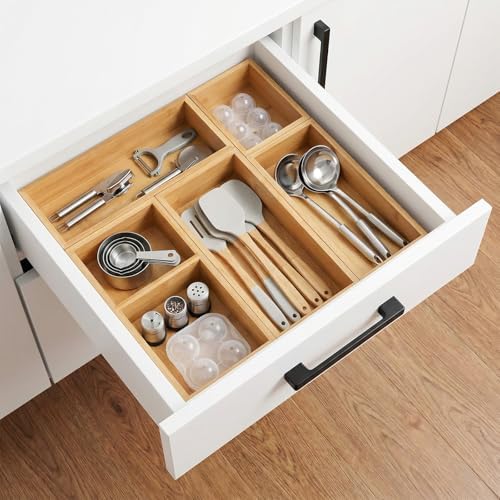 5-Piece Bamboo Drawer Organizer Storage Boxes Kitchen Multi-purpose Storage Dividers Drawer Organizer Set for Office Vanity Closet & Bathroom Kitchen Office Jewelry Cosmetics
