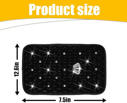 Mandark Bling Car Center Console Cover, Rhinestones Crown Vehicle Armrest Seat Box Mat Pad, Diamond Automotive Interior Arm Rest Cushion Protector Decor Accessories, Universal Fit(Black)